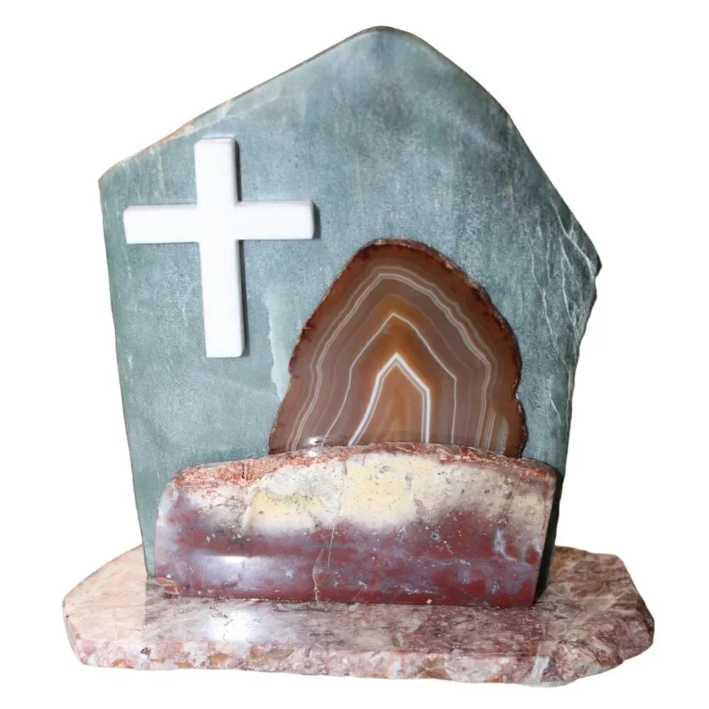 Hand made religious cross stones table decor sculpture agate, quartz, jasper